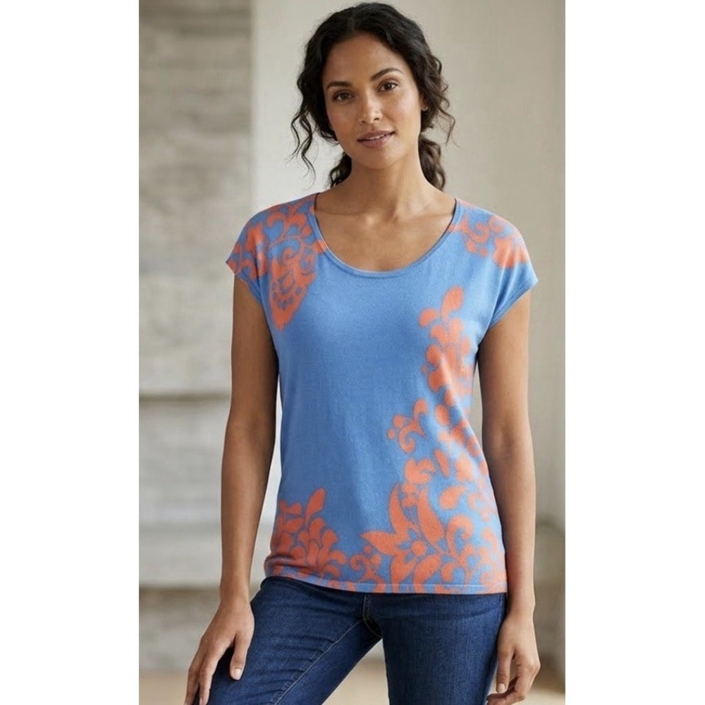 Talbots Top Women's Blue Orange Paisley Sleeveless Cotton Rayon Blend Shirt XL